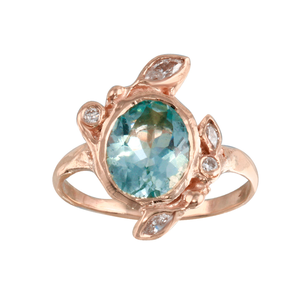 Aquamarine & Diamond Leaves Ring