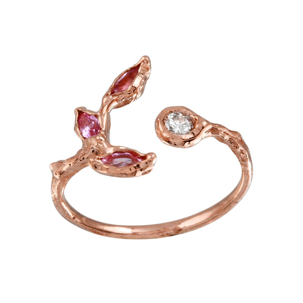 Pink Sapphire Leaves w/ Champagne Diamond Ring