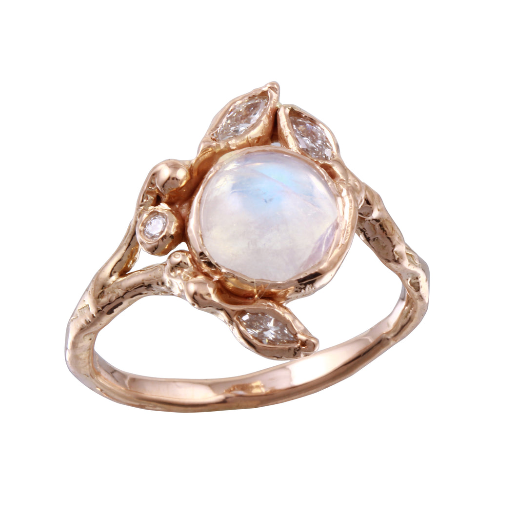 Round Moonstone & Marquise Diamond Ring