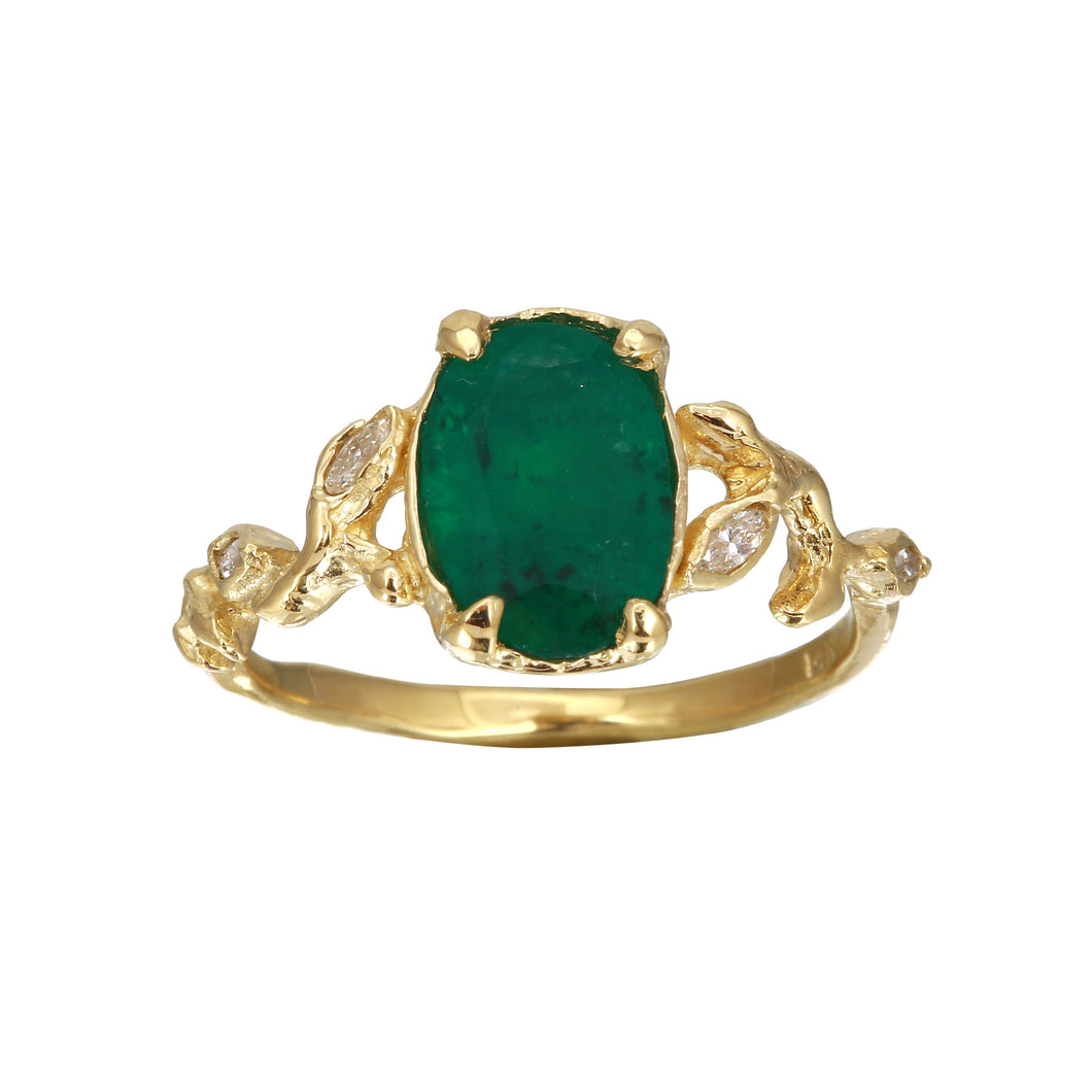Oval Emerald Ring w/ Diamond Leaves