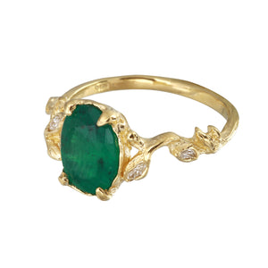 Oval Emerald Ring w/ Diamond Leaves